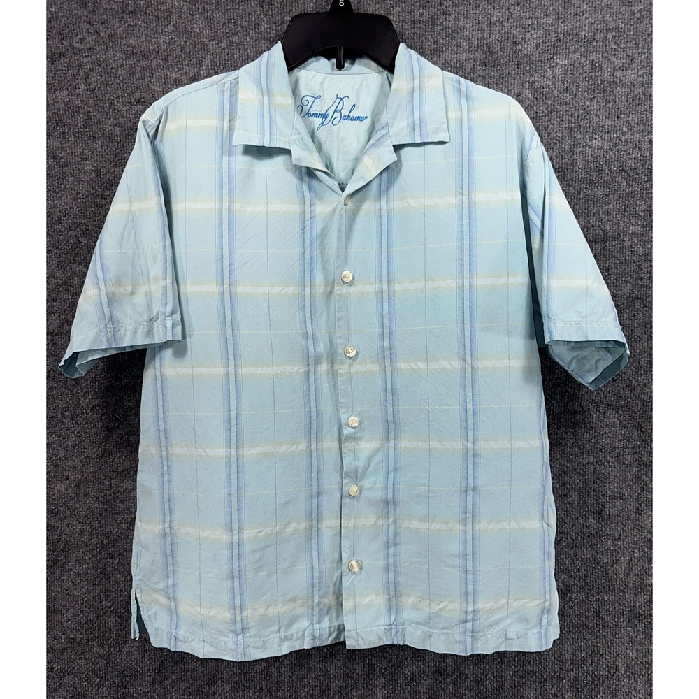 Tommy Bahama Silk Button Up Collared Men's Medium Light Blue Polo Shirt Plaid